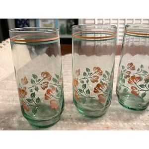 Set of 4 Vintage Libbey Tumblers Glass with Pink Flowers & Green Leaves